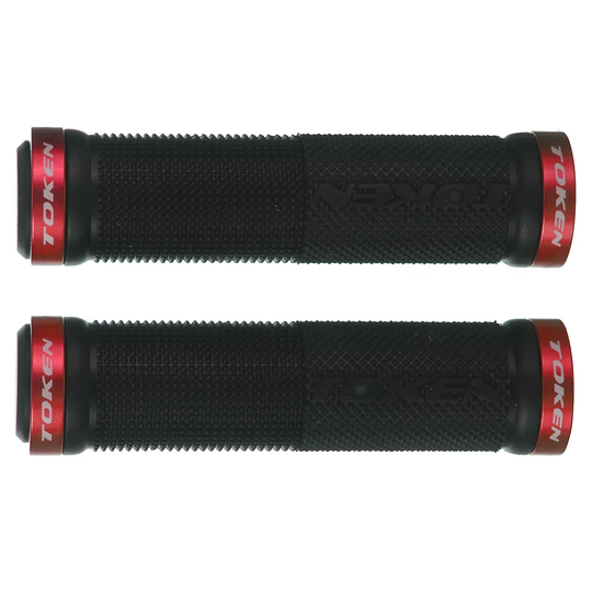 Token Double Lock On Mountain Bike Grips - 130mm} - Red, Red