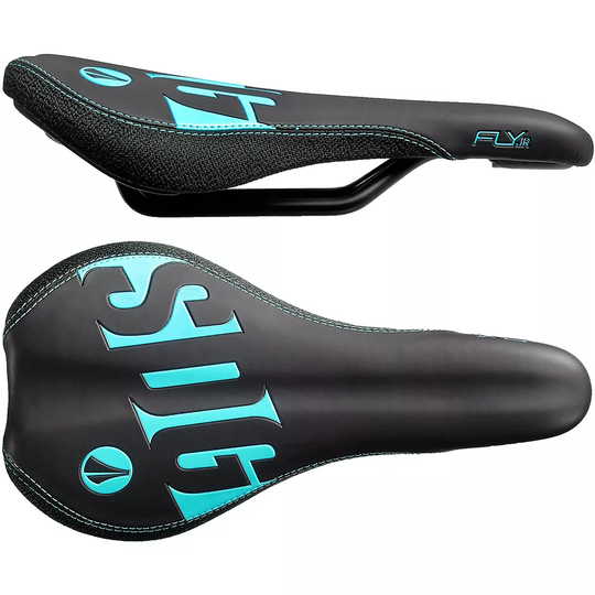 SDG Fly Junior Steel Rail MTB Saddle - 235mm Long x 122mm Wide - Black - Cyan, Black - Cyan