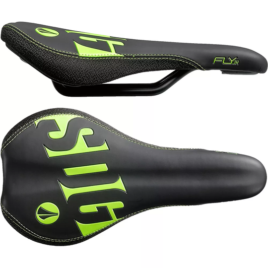 SDG Fly Junior Steel Rail MTB Saddle - 235mm Long x 122mm Wide - Black - Green, Black - Green