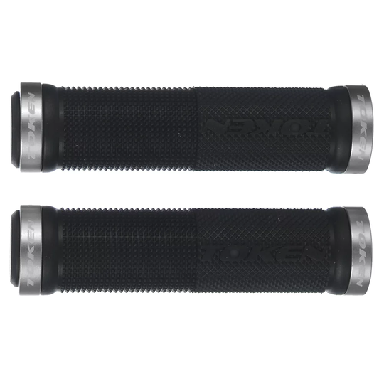 Token Double Lock On Mountain Bike Grips - 130mm} - Silver, Silver