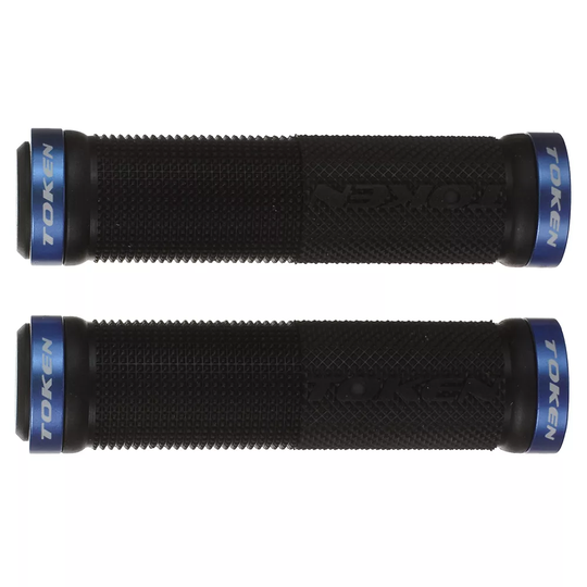 Token Double Lock On Mountain Bike Grips - 130mm} - Blue, Blue