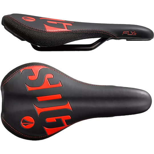 SDG Fly Junior Steel Rail MTB Saddle - 235mm Long x 122mm Wide - Black - Red, Black - Red